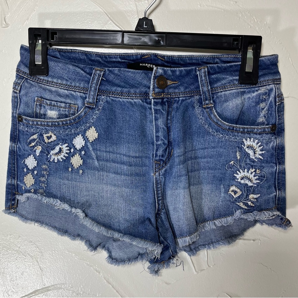 Harper Blue Embroidered Denim Jean Shorts